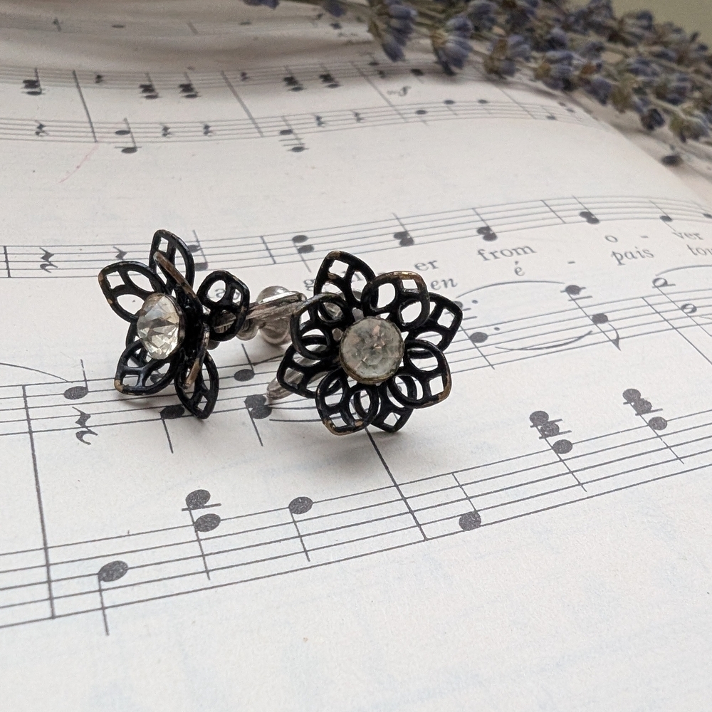 Vintage Black Floral Screw Back Earrings